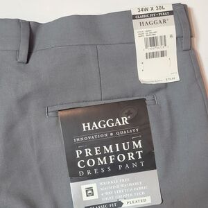 Haggar Men's Gray Solid Stretch Stria Classic Fit Pleat  Dress Pants Size 34x30